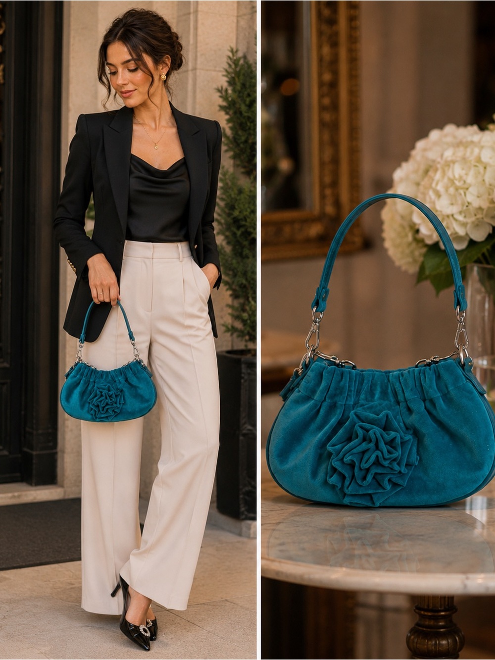 Betsy Johnson Teal Suede Flower Accent Shoulder Bag - Women's Handbag